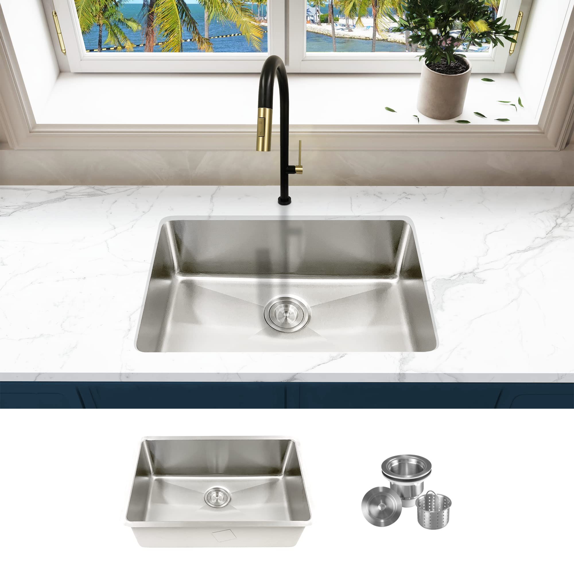 KABCO 18 Gauge 27 Inch Single Bowl Undermount Stainless Steel Kitchen Sink with 2 Pieces Sink Accessories, Rust Resistant Sound and Heatproof Laser Cut Tight Radius Sink for Indoor or Outdoor Kitchens