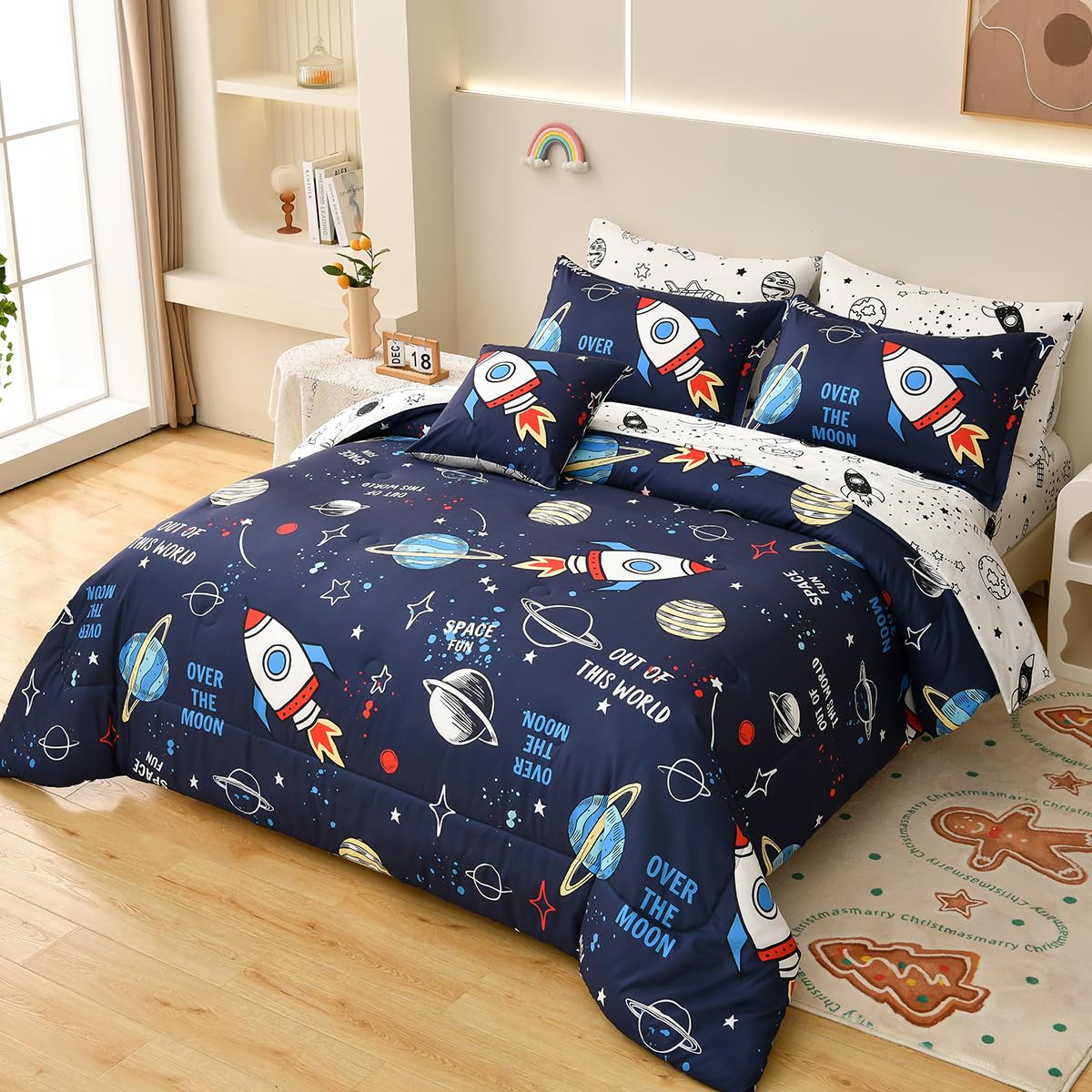 Tasselily Rocket Comforter Set Full Size, 8 Piece Bed in a Bag Space Bedding Sets for Boys Girls Kids