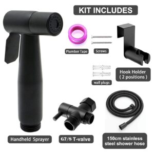 Handheld Bidet Sprayer Toilet Kit, Premium Stainless Steel Sprayer with 7/8” T valve, 1.5M Hose and Bracket Holder for Pet Wash, Feminine Wash, Baby Wash, Bathroom or Toilet (Black)