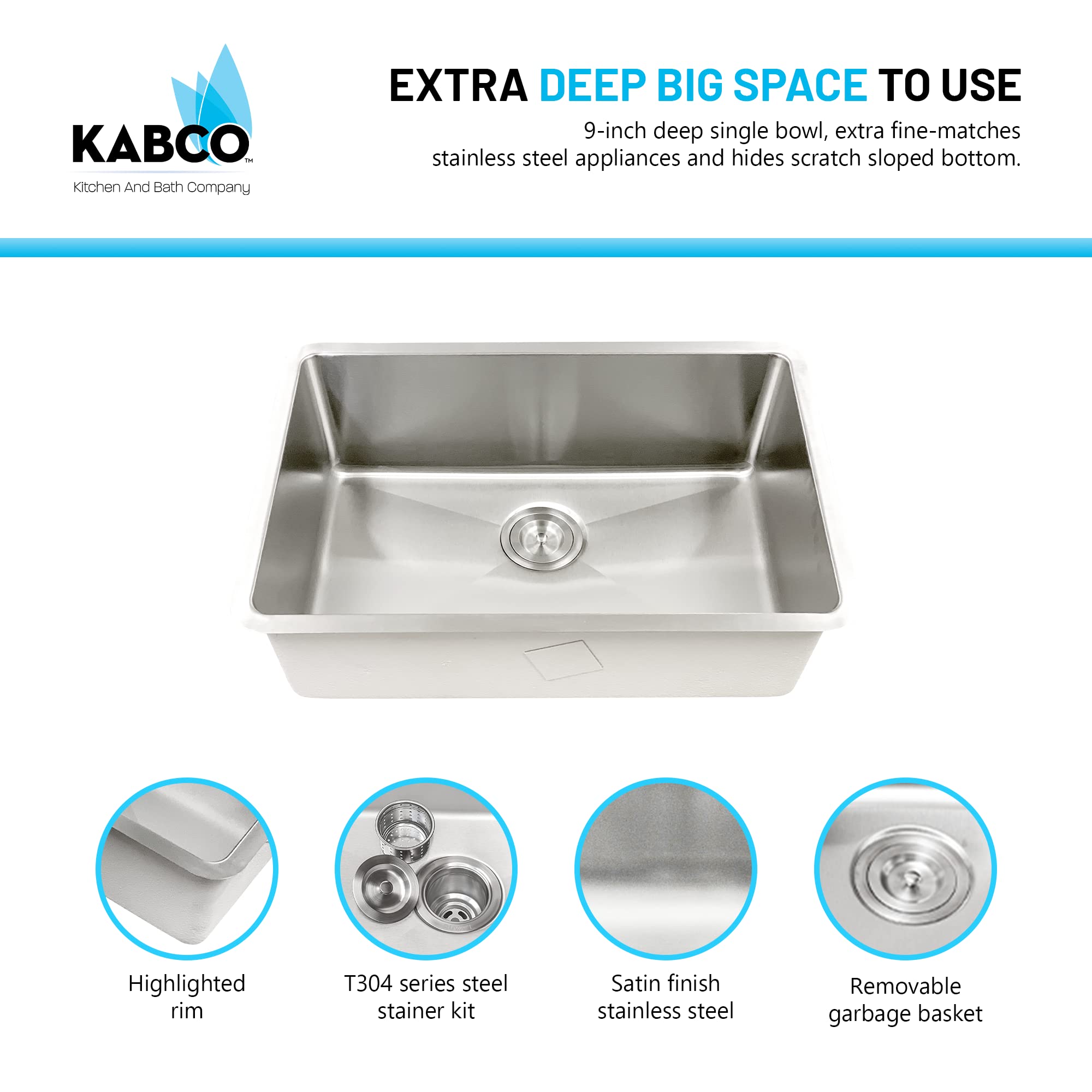 KABCO 18 Gauge 27 Inch Single Bowl Undermount Stainless Steel Kitchen Sink with 2 Pieces Sink Accessories, Rust Resistant Sound and Heatproof Laser Cut Tight Radius Sink for Indoor or Outdoor Kitchens