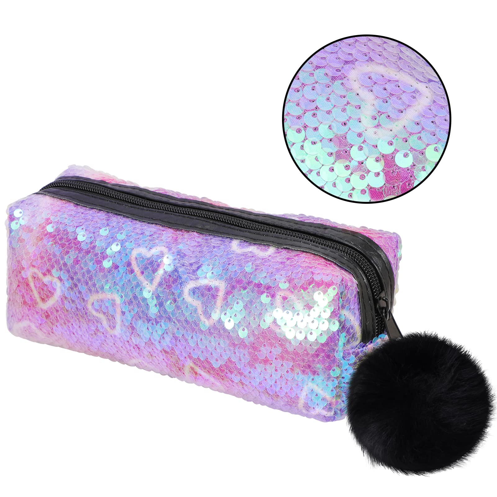 PHOGARY Sequin Preppy Pencil Case for Girls, Fluffy Zip Pull Pouch Bag Holographic Pen Case Sparkling School Stuff Shimmery Glitter Makeup Bag (Purple,Heart)