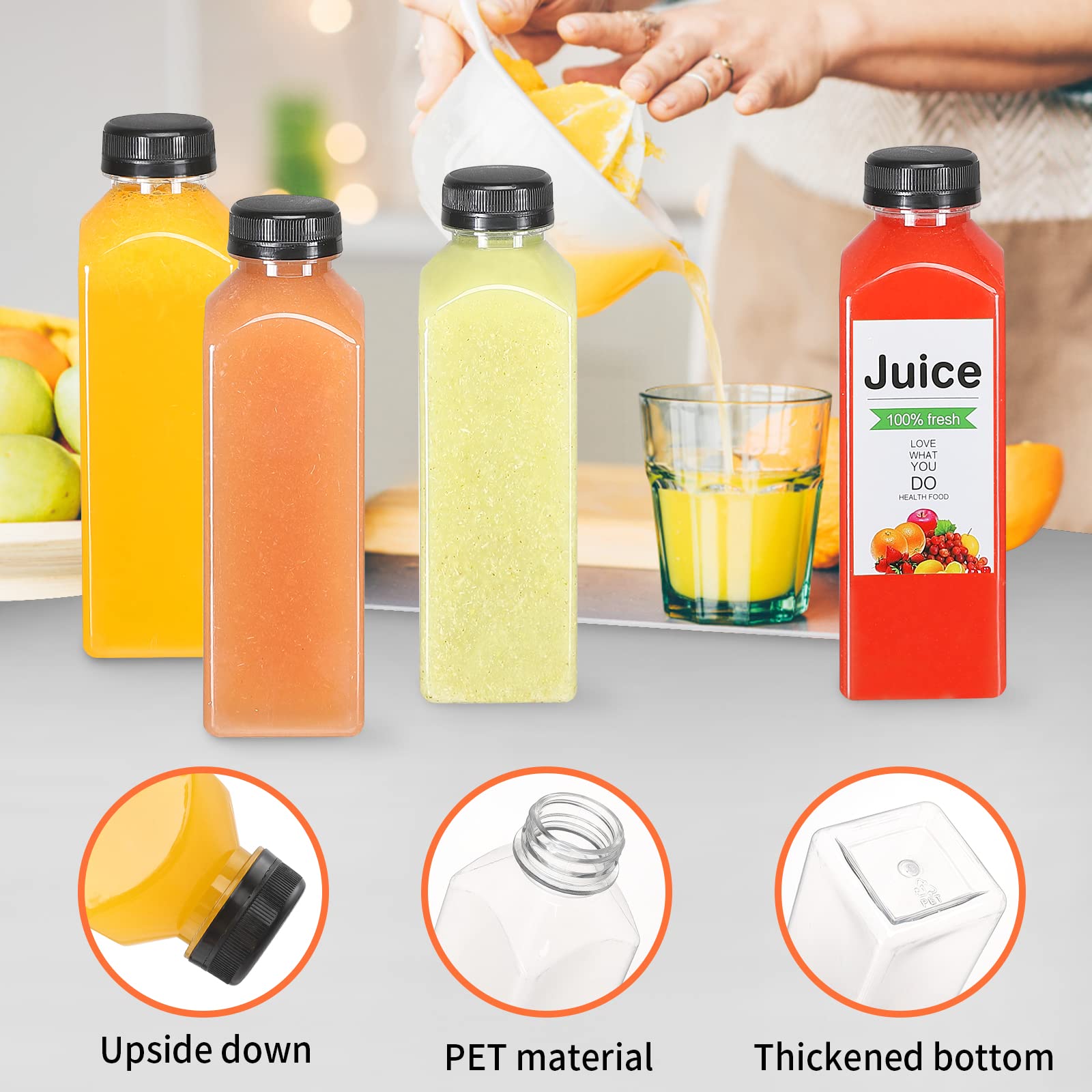 LJINOKYUN 36 pcs-16oz Reusable Take-out Juice Bottles With Caps - Clear Empty Juice Bottles with Labels for Smoothies Drinking and Other Beverages