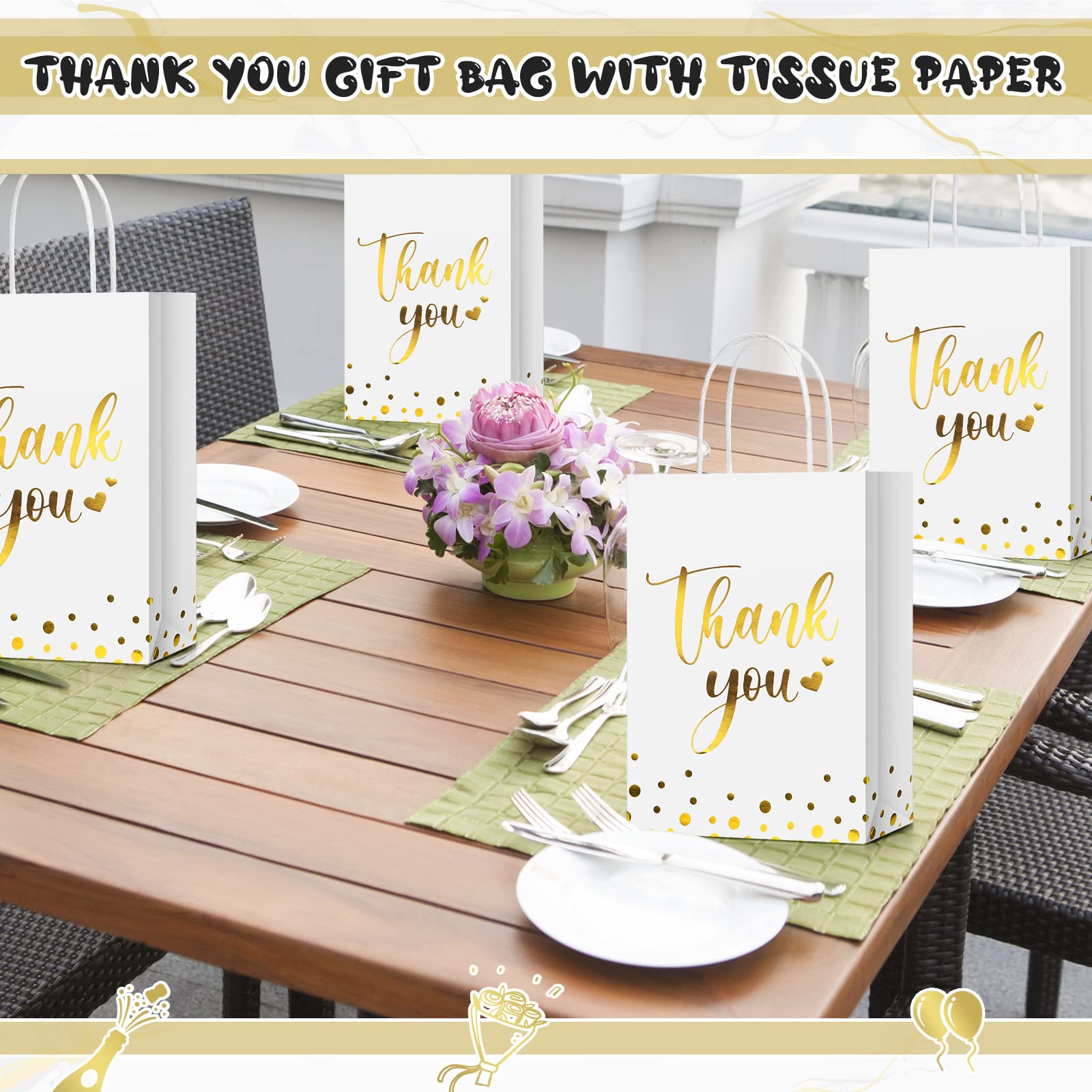 Tinlade 100 Pcs Thank You Gift Bags Bulk Paper Gold Thank You Wedding Bags with Handle for Business, Shopping, Wedding, Baby Shower, Party Favors (White)