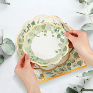 Tanlade 96 Pcs Sage Green Theme Party Supplies Plates and Napkins Serve 24, Disposable Eucalyptus Paper Plates Scalloped Dinner Plates 2 Ply Paper Napkins for Wedding Bridal Shower