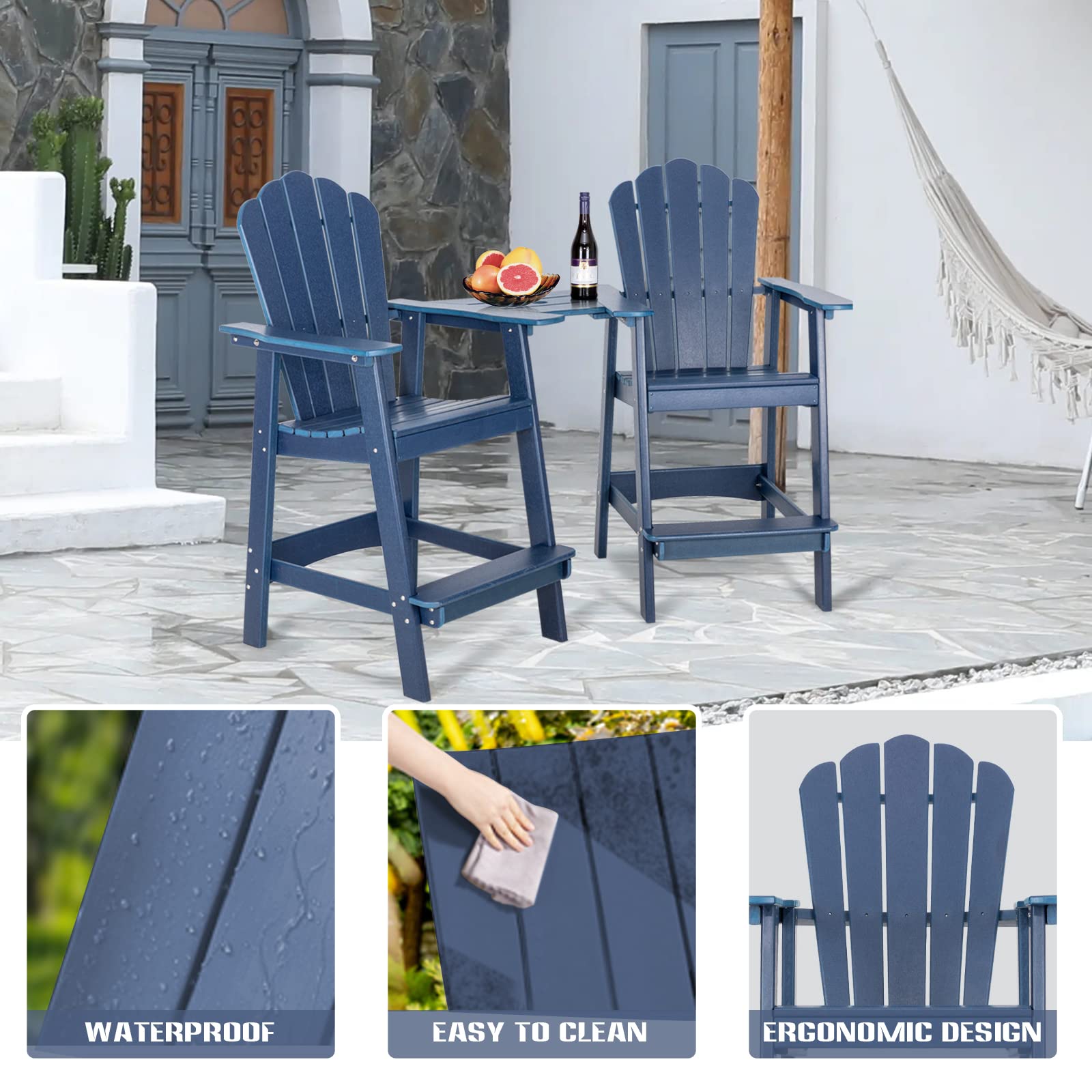 Anbuy Balcony Chair Tall Adirondack Chair Set of 2 Outdoor Adirondack Barstools with Connecting Tray - Patio Stools Weather Resistant for Deck Balcony Pool Backyard, Navy Blue