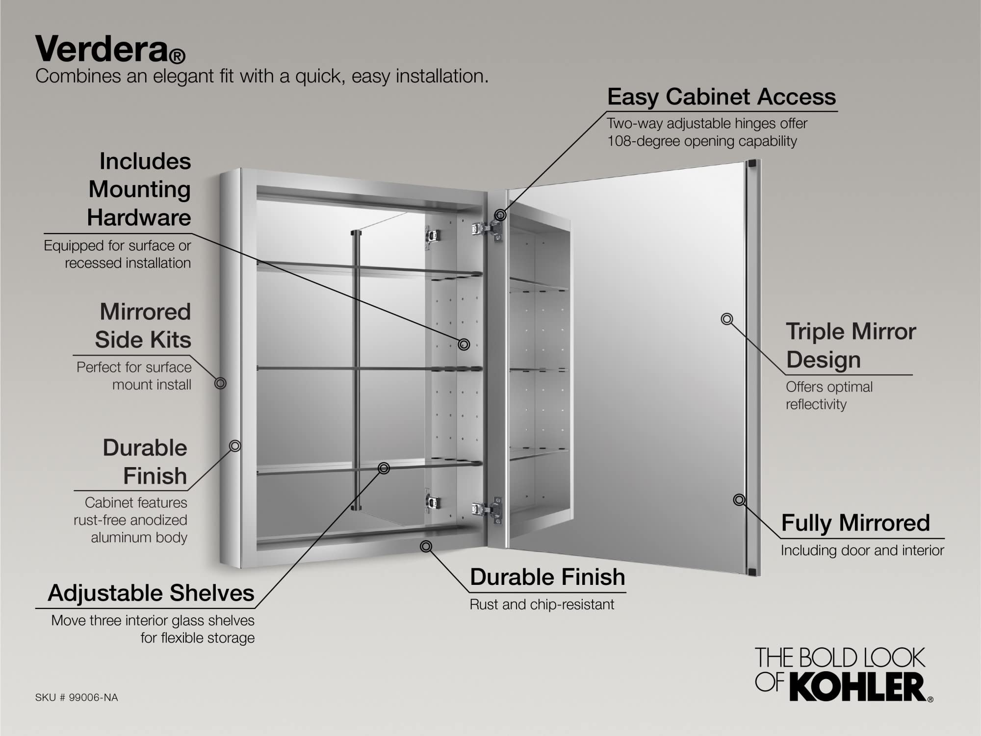 KOHLER K-28031-NA Verdera Medicine Cabinet with Slow-Close Mirror Door & Adjustable Shelves, Rectangular Frame, 24" x 40"