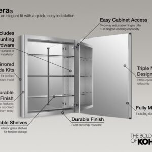 KOHLER K-28029-NA Verdera Medicine Cabinet with Slow-Close Mirror Door & Adjustable Shelves, Rectangular Frame, 15" x 40"