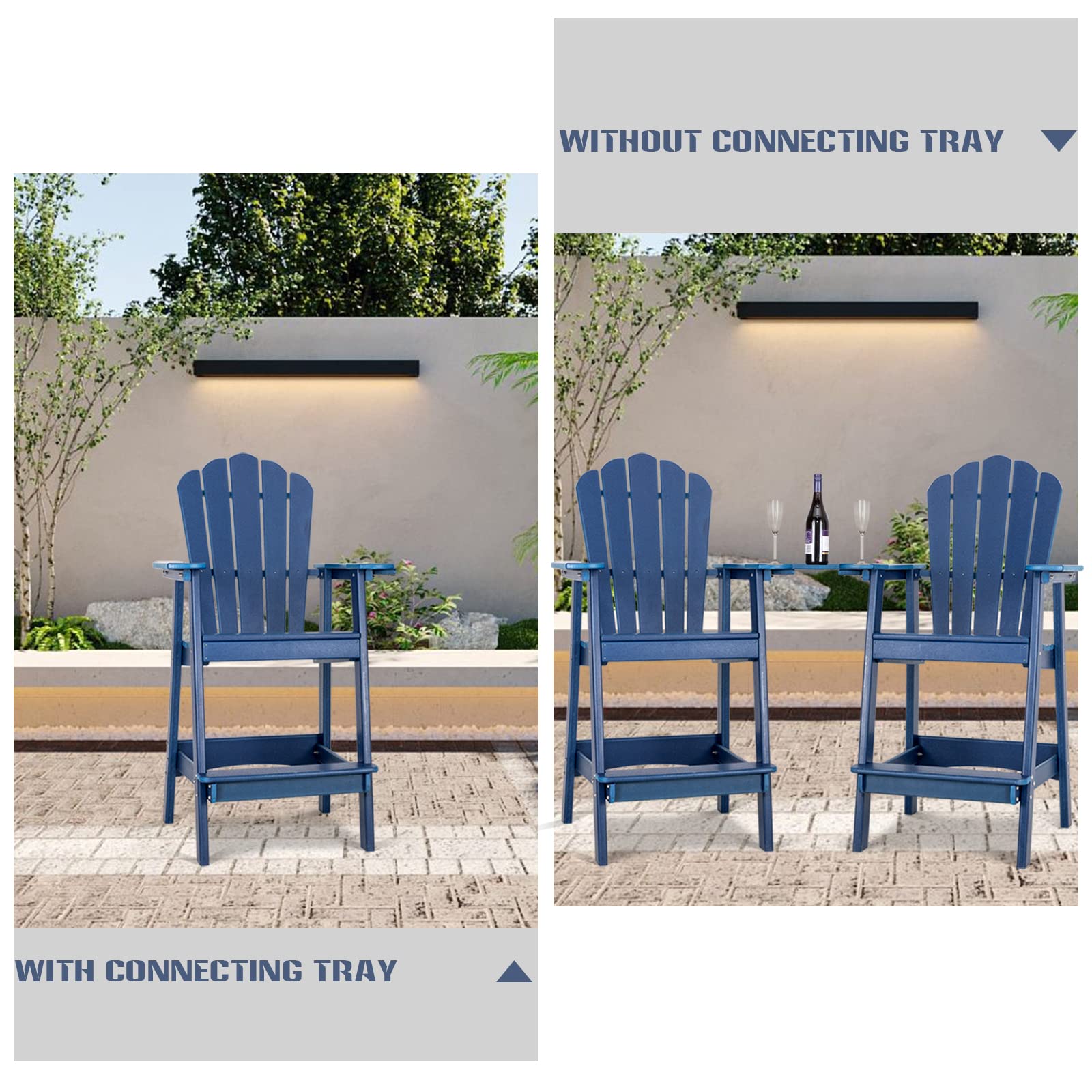 Anbuy Balcony Chair Tall Adirondack Chair Set of 2 Outdoor Adirondack Barstools with Connecting Tray - Patio Stools Weather Resistant for Deck Balcony Pool Backyard, Navy Blue