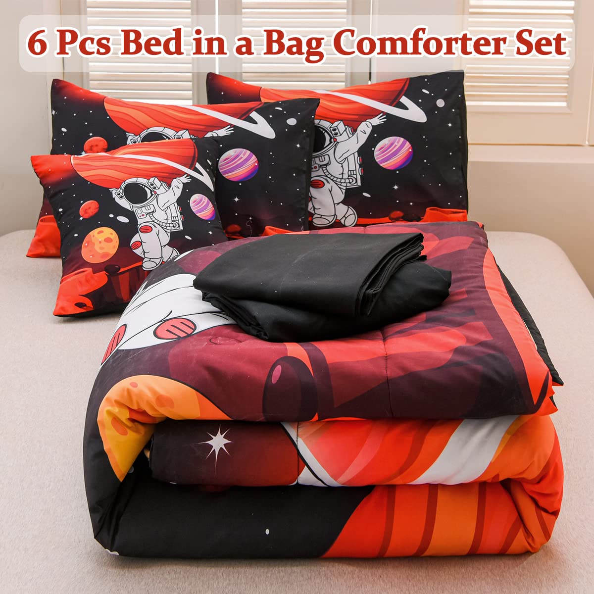 Tasselily Full Size Comforter Sets for Boys, Astronaut Outer Space Bedding Set Full Bed in a Bag, 6 Pcs Comforter Set with Sheets