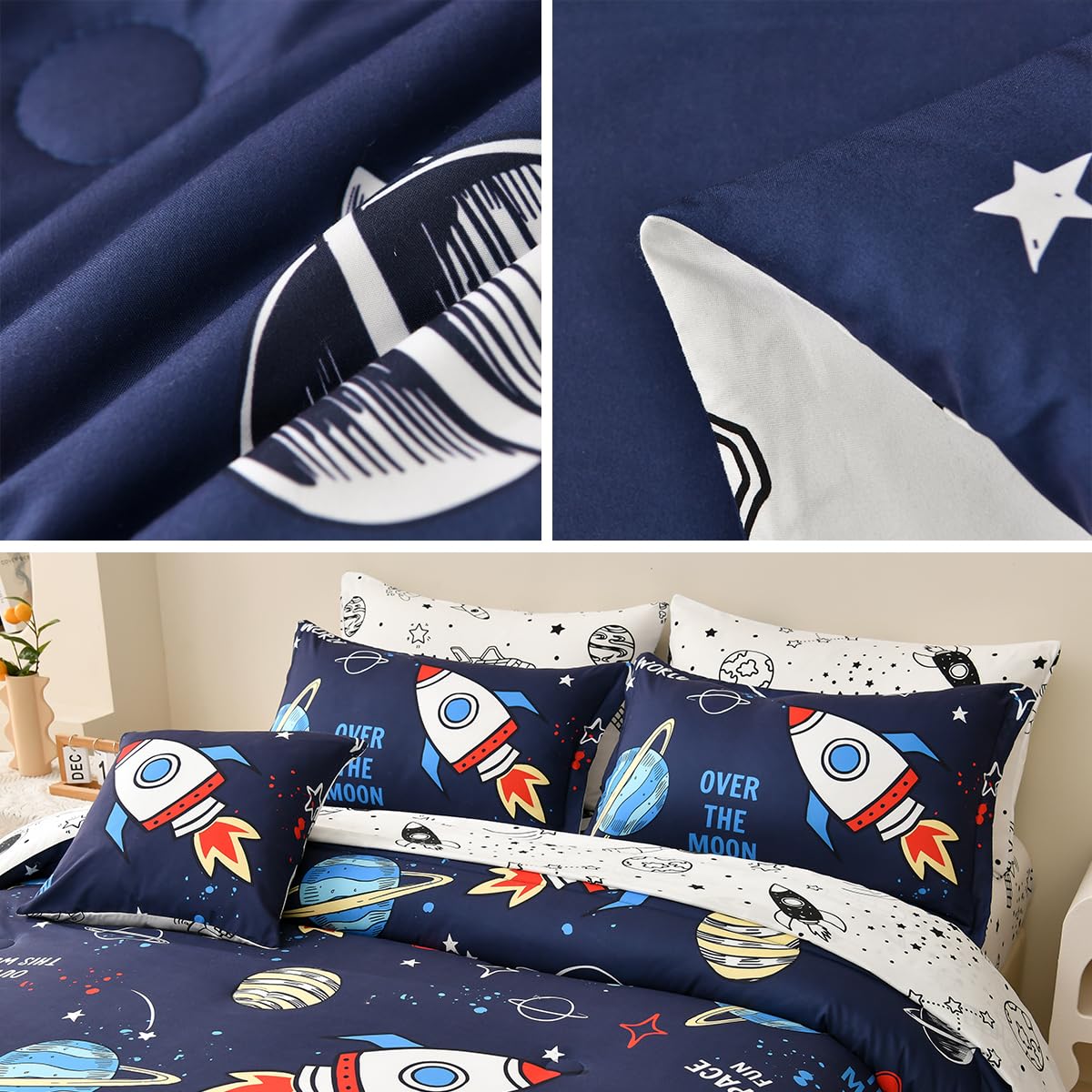 Tasselily Rocket Comforter Set Full Size, 8 Piece Bed in a Bag Space Bedding Sets for Boys Girls Kids