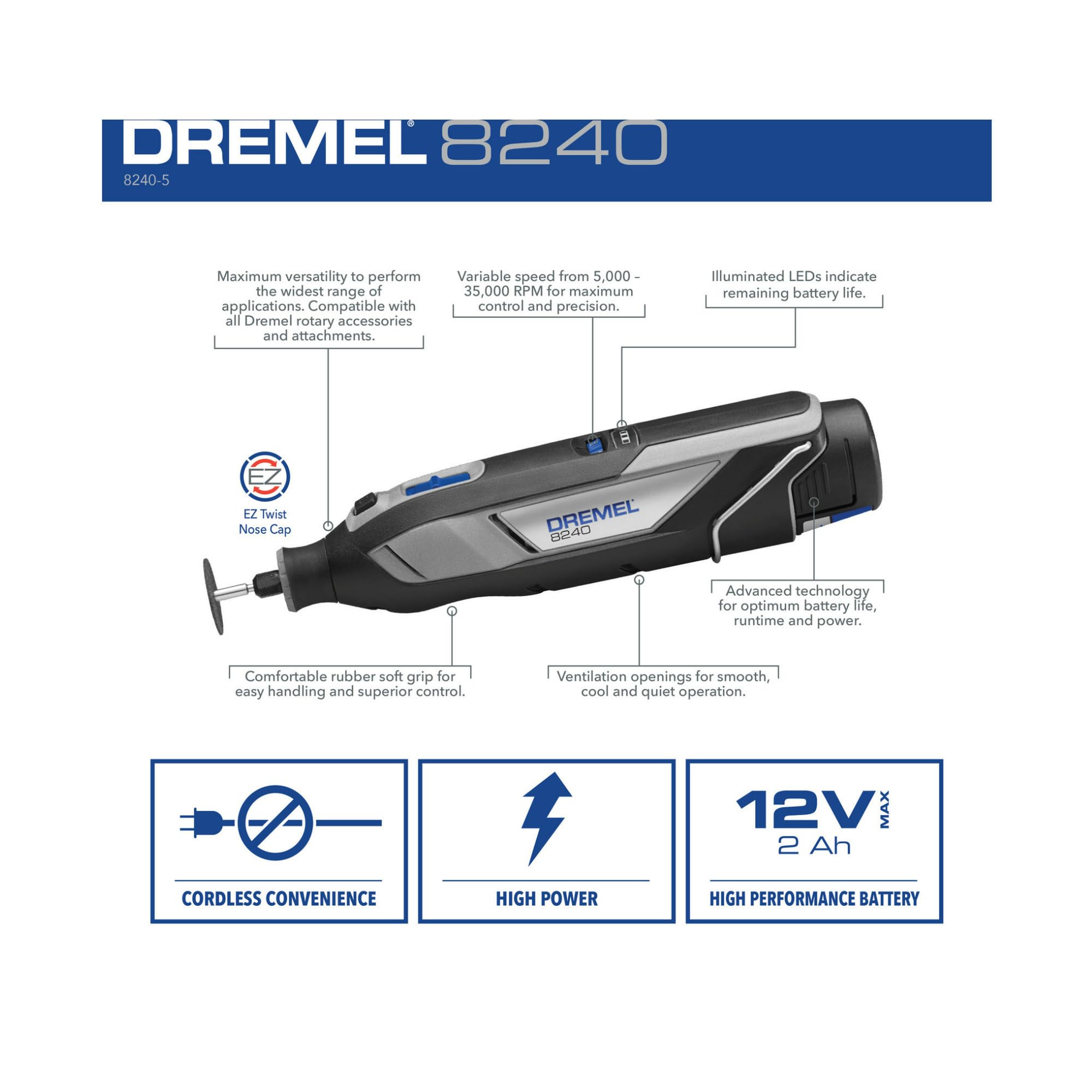 Dremel 8240 12V Lithium-Ion Battery Cordless Rotary Tool with Accessory Bundle (4 Items)