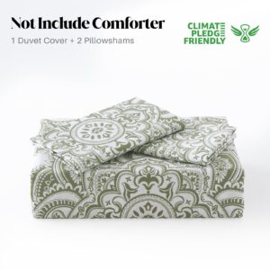 CozyQQ Cotton Duvet Cover Queen - 100% Cotton 400TC Soft Prewashed Light Green Summer Queen Duvet Cover Set with Zipper, 3 Pcs Floral Damask Paisley Queen Bedding Set (90x90, No Comforter)