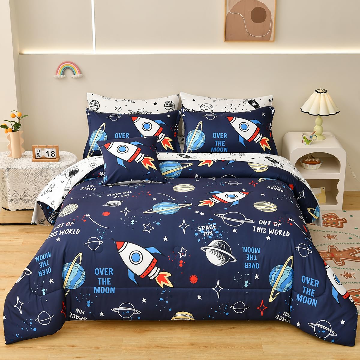 Tasselily Rocket Comforter Set Full Size, 8 Piece Bed in a Bag Space Bedding Sets for Boys Girls Kids