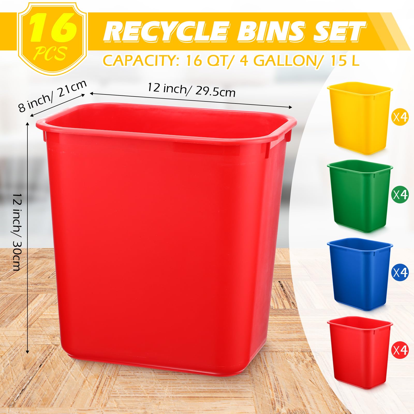 Roshtia 16 Pcs Recycle Bins for Sorting and Waste 16QT Firm Plastic Commercial Office Wastebasket Bin, Stackable Trash Can Fit Under Desk Sink Small Narrow Space for Home Dorm Kitchen Easy to Pull out