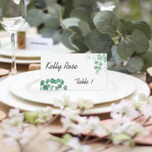 RokAPary Eucalyptus Tented Table Place Cards, for Wedding, Bridal Shower, Bachelorette or Engagement Party, Dinner Parties, Banquets, Easy Folding, 2"x3.5" Pack of 50 Cards, Made in USA