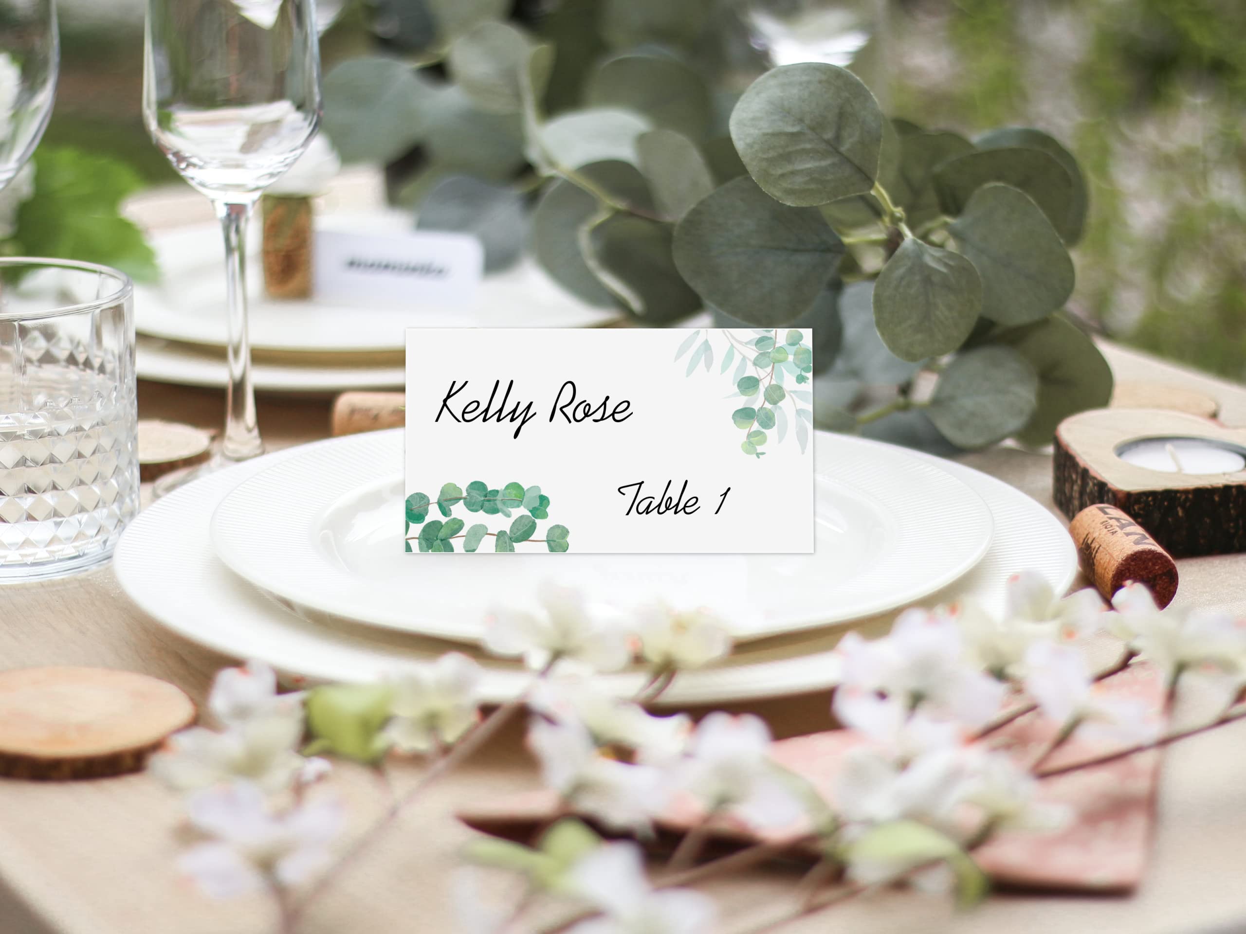 RokAPary Eucalyptus Tented Table Place Cards, for Wedding, Bridal Shower, Bachelorette or Engagement Party, Dinner Parties, Banquets, Easy Folding, 2"x3.5" Pack of 50 Cards, Made in USA