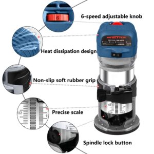 Dobetter 1.25HP Wood Router Tool, 6.5Amp Electric Trim Router, 6 Variable Speed Compact Palm Router Woodworking with 1/4" & 3/8" Collets, 12 Wood Router Bits and Portable Bag -DBTR700B