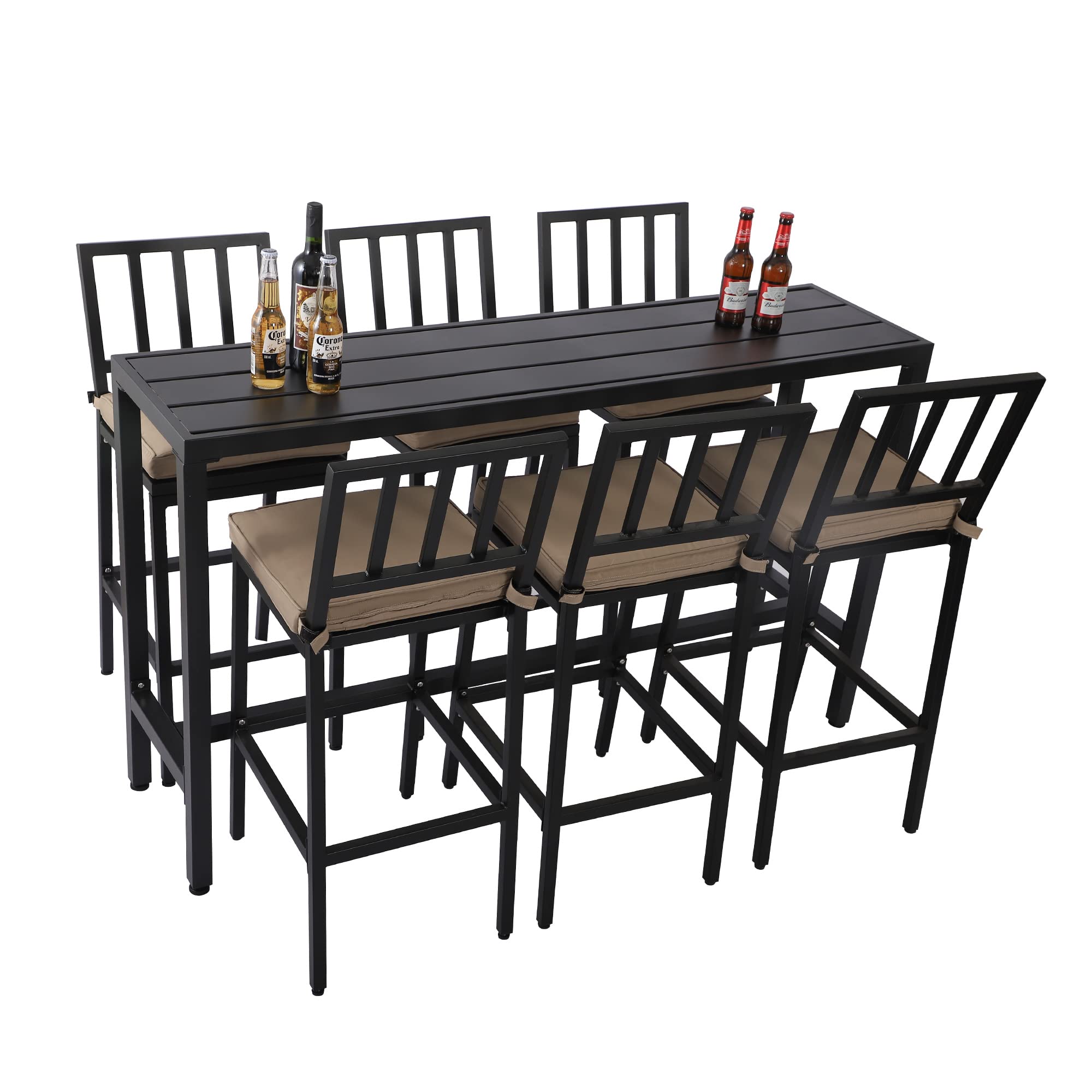 Sumshadow Outdoor Patio Bar Set, Bar Height Patio Dining Set, Weather-Resistant Bistro Counter Pub Set with Cushions & Slatted Tabletop for Backyard, Garden, Yard (63" Table, 6 "I Style Stool, Black)