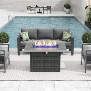 Vakollia 4 Pieces Modern Aluminum Patio Furniture Set with Fire Pit Table, Outdoor Conversation Sets Metal Sectional Sofa