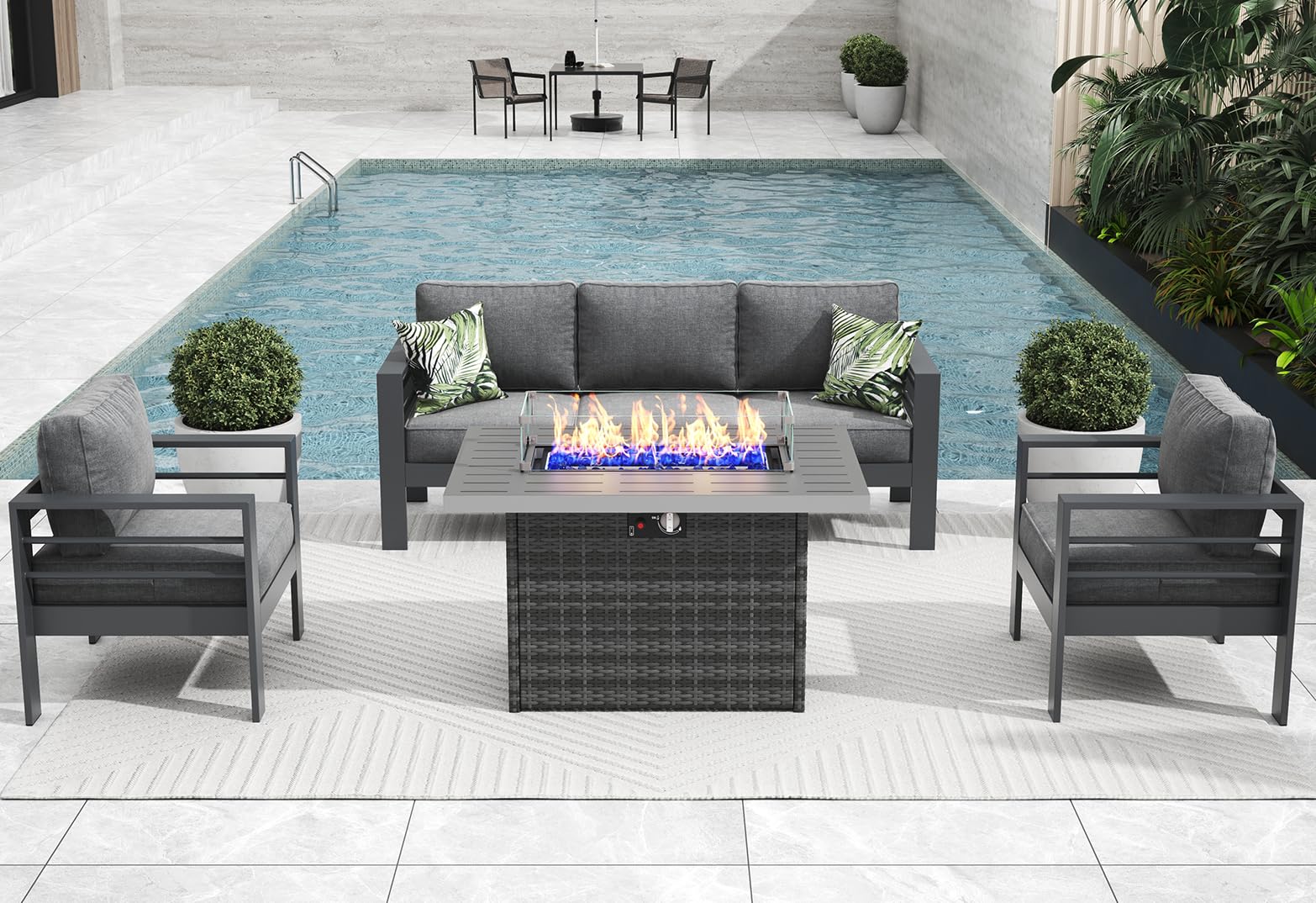 Vakollia 4 Pieces Modern Aluminum Patio Furniture Set with Fire Pit Table, Outdoor Conversation Sets Metal Sectional Sofa