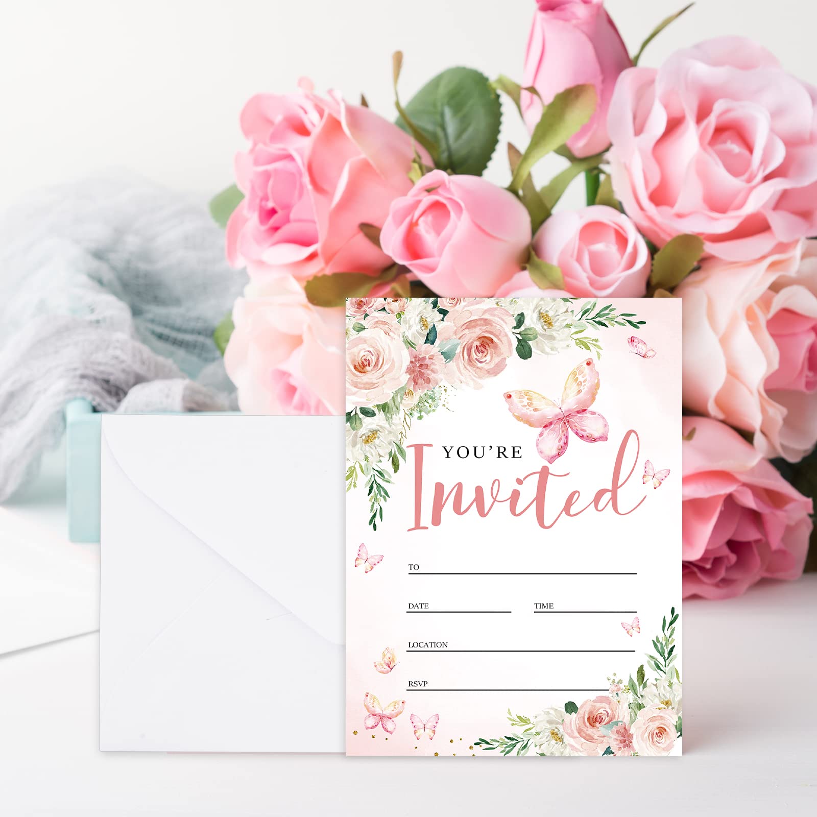 AnyDesign 20 Sets Butterfly Pink Floral Invitation with Envelopes Stickers 5 x 7 Inch Watercolor Flower Invitation Cards Blank Invites for Wedding Bridal Baby Shower Birthday Dinner Party