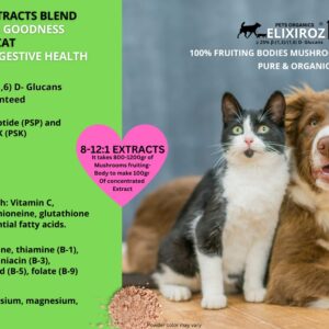 MAXIMUM IMMUNITY >25% β-glucan 100% Mushrooms Fruiting Body Extracts, Veterinarians formulation for Dogs & Cats Immune & Digestive Systems with Turkey tail & >35% β-glucan Reishi extracts.250 SERVINGS