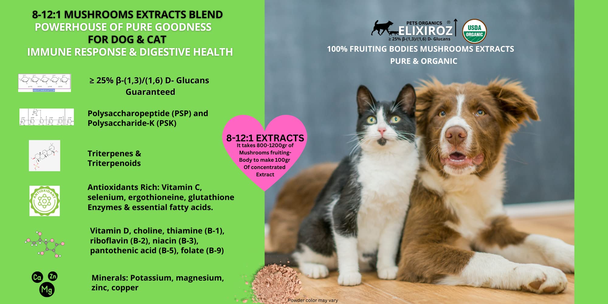 MAXIMUM IMMUNITY >25% β-glucan 100% Mushrooms Fruiting Body Extracts, Veterinarians formulation for Dogs & Cats Immune & Digestive Systems with Turkey tail & >35% β-glucan Reishi extracts.250 SERVINGS