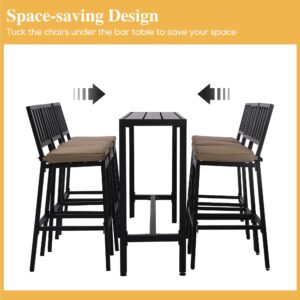 Sumshadow Outdoor Patio Bar Set, Bar Height Patio Dining Set, Weather-Resistant Bistro Counter Pub Set with Cushions & Slatted Tabletop for Backyard, Garden, Yard (63" Table, 6 "I Style Stool, Black)