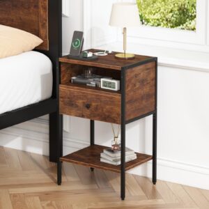 dogibixo nightstand with charging station, bed side table with drawer, night stand for bedroom, 3-tier storage end table for living room1