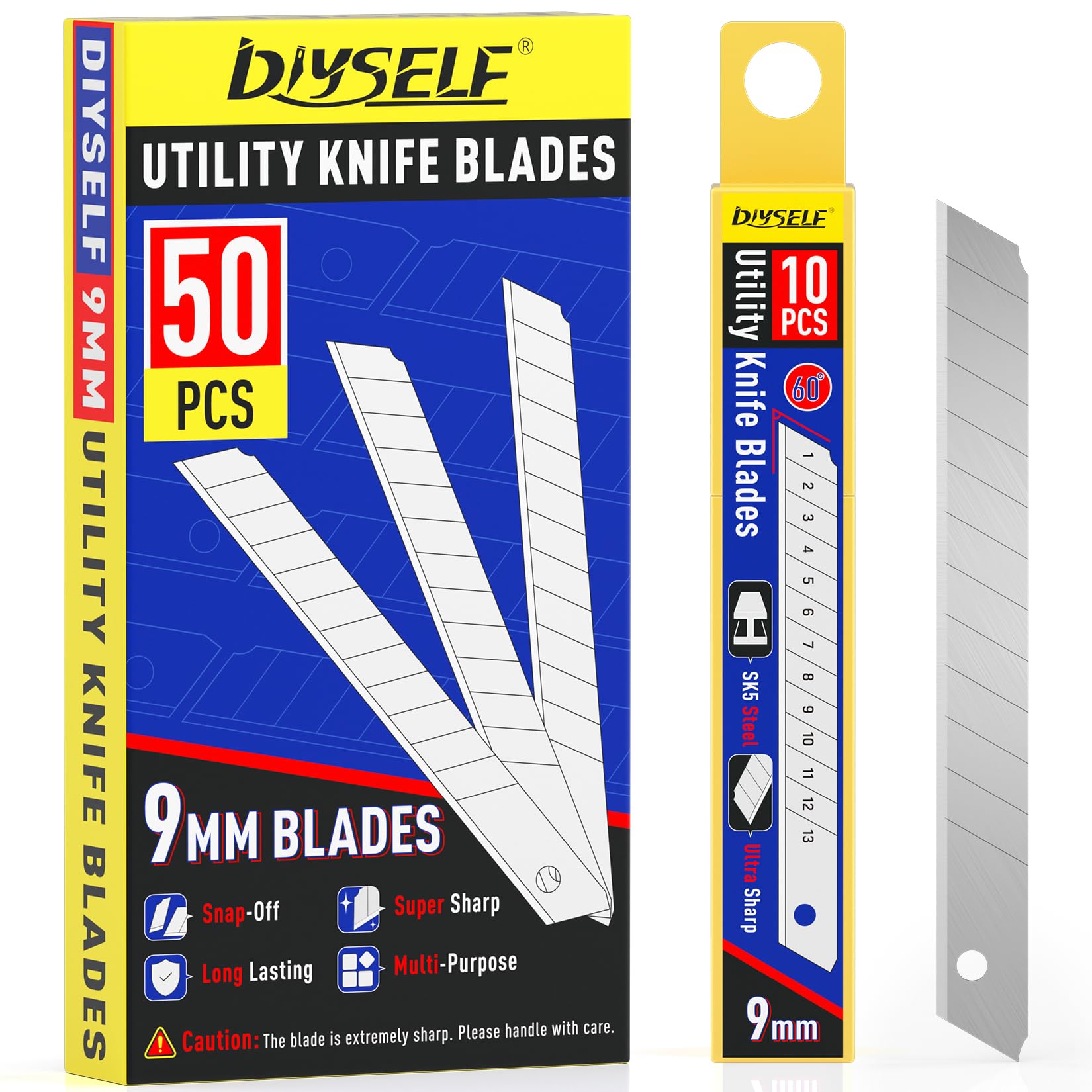 DIYSELF 50Pcs 9mm Utility Knife Replacement Blades, Snap Off Blades for 9MM Universal Box Cutters (60°)