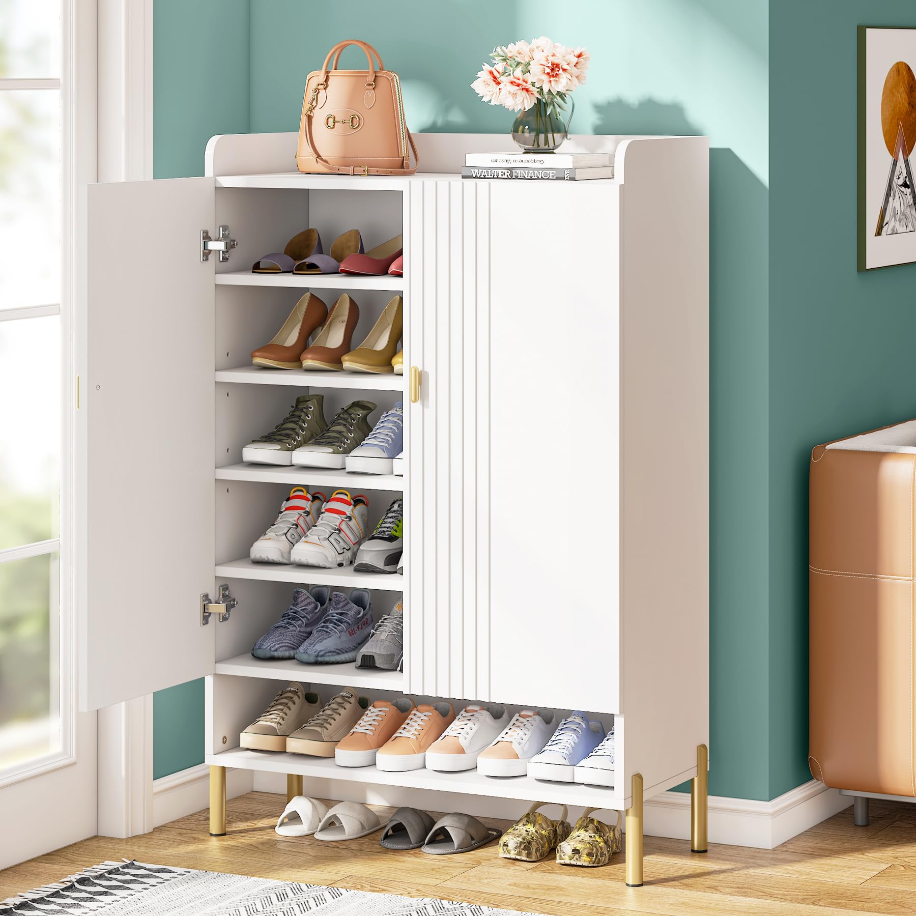 Tribesigns Shoe Cabinet Storage Entryway: Slim 6-Tier Shoe Organizer Cabinet with Adjustable Shelves, Freestanding Wood Shoe Rack with Doors for Entryway, Hallway, Living Room - White