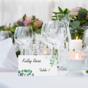 RokAPary Eucalyptus Tented Table Place Cards, for Wedding, Bridal Shower, Bachelorette or Engagement Party, Dinner Parties, Banquets, Easy Folding, 2"x3.5" Pack of 50 Cards, Made in USA