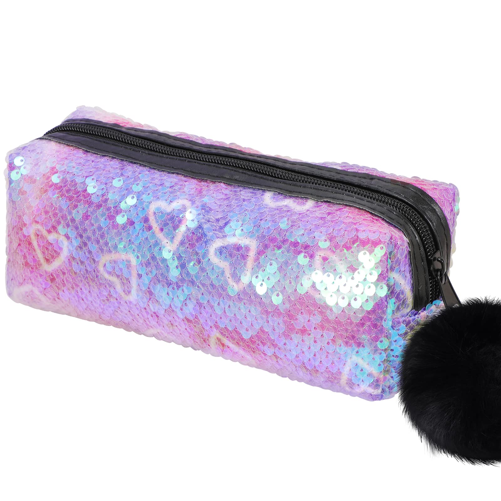 PHOGARY Sequin Preppy Pencil Case for Girls, Fluffy Zip Pull Pouch Bag Holographic Pen Case Sparkling School Stuff Shimmery Glitter Makeup Bag (Purple,Heart)