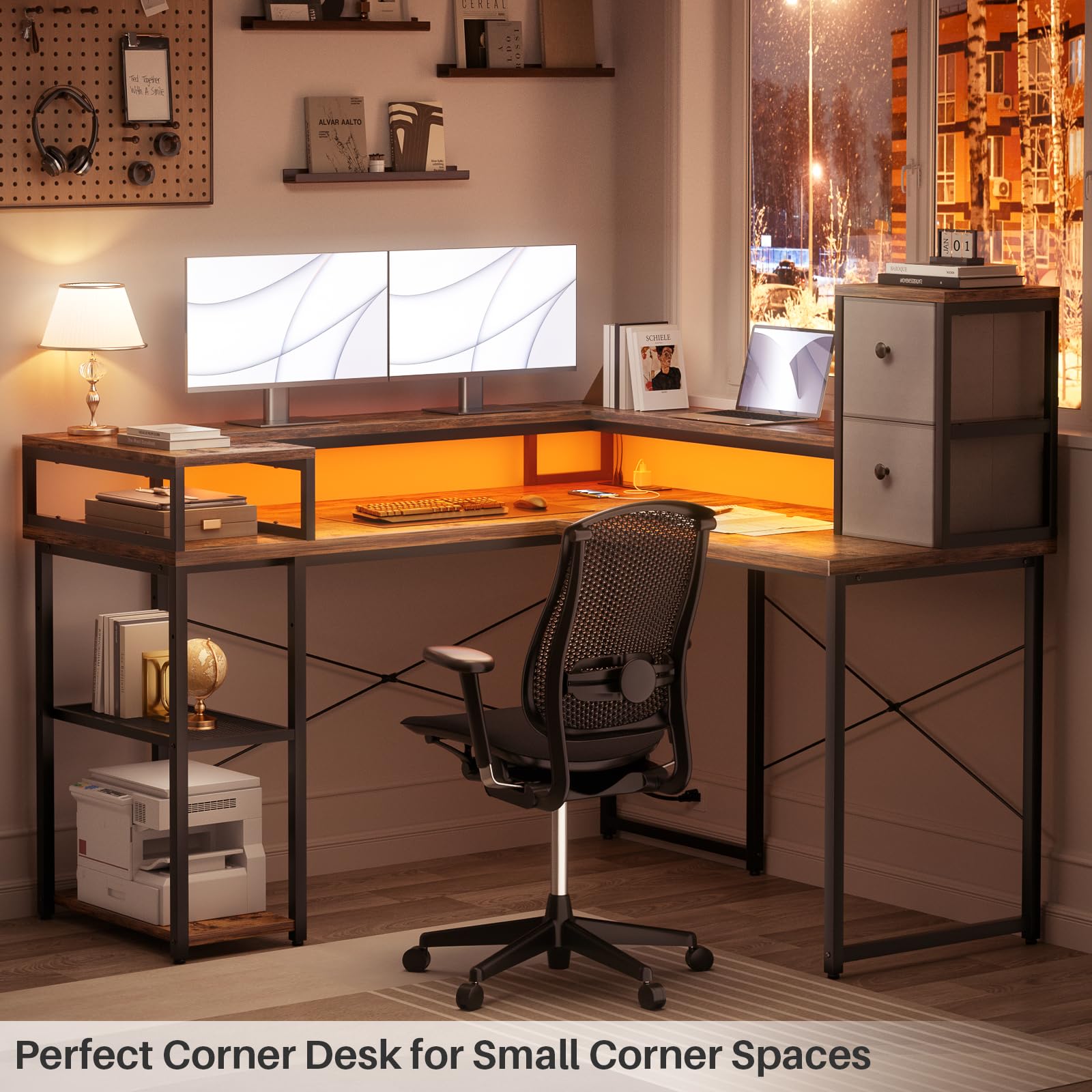 armocity L Shaped Desk with Drawers, Reversible Corner Computer Desk with LED Light & Power Outlet, 55.2'' L-Shaped Gaming Desk with Long Monitor Shelf, Home Office Desk for Small Corner Space, Rustic