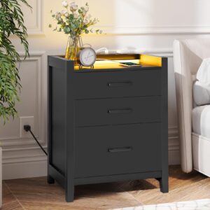 EPHEX LED Nightstand with Charging Station, Nightstand with 3 Drawers, End Side Table with USB Ports and Outlets, Modern Bedside Table for Bedroom, Black, NSL03