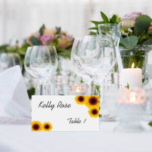 RokAPary Sunflower Tented Table Place Cards, for Wedding, Bridal Shower, Bachelorette or Engagement Party, Dinner Parties, Banquets, Easy Folding, 2"x3.5" Pack of 50 Cards, Made in USA