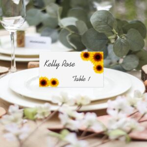 RokAPary Sunflower Tented Table Place Cards, for Wedding, Bridal Shower, Bachelorette or Engagement Party, Dinner Parties, Banquets, Easy Folding, 2"x3.5" Pack of 50 Cards, Made in USA