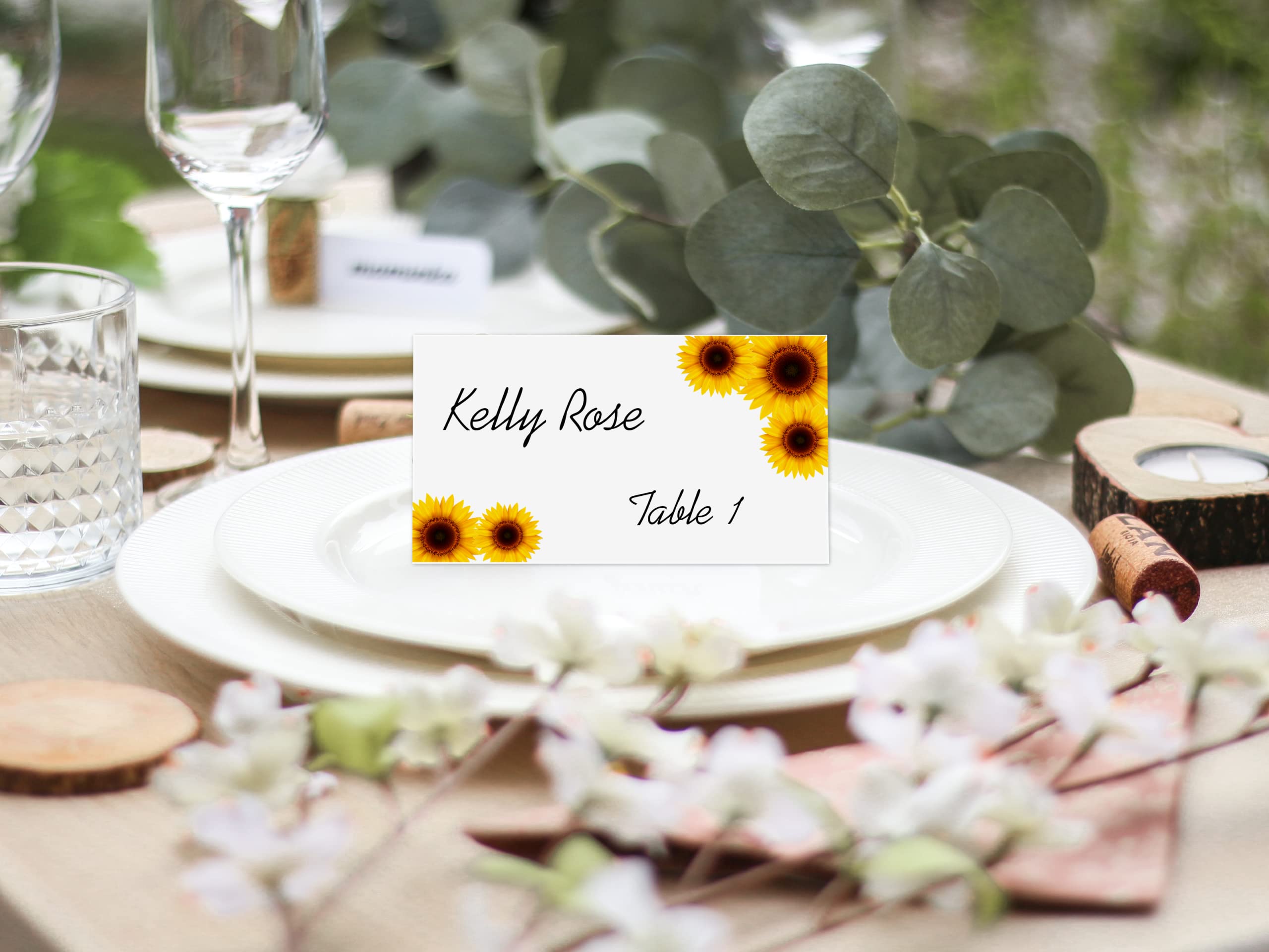 RokAPary Sunflower Tented Table Place Cards, for Wedding, Bridal Shower, Bachelorette or Engagement Party, Dinner Parties, Banquets, Easy Folding, 2"x3.5" Pack of 50 Cards, Made in USA