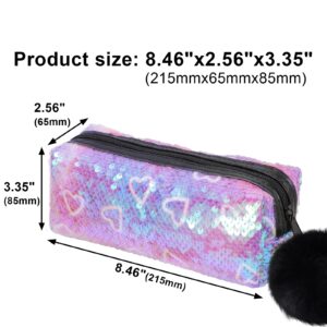 PHOGARY Sequin Preppy Pencil Case for Girls, Fluffy Zip Pull Pouch Bag Holographic Pen Case Sparkling School Stuff Shimmery Glitter Makeup Bag (Purple,Heart)