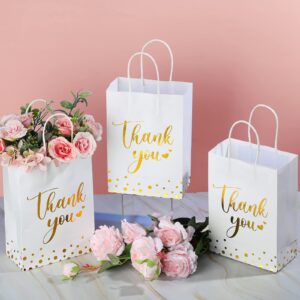 Tinlade 100 Pcs Thank You Gift Bags Bulk Paper Gold Thank You Wedding Bags with Handle for Business, Shopping, Wedding, Baby Shower, Party Favors (White)