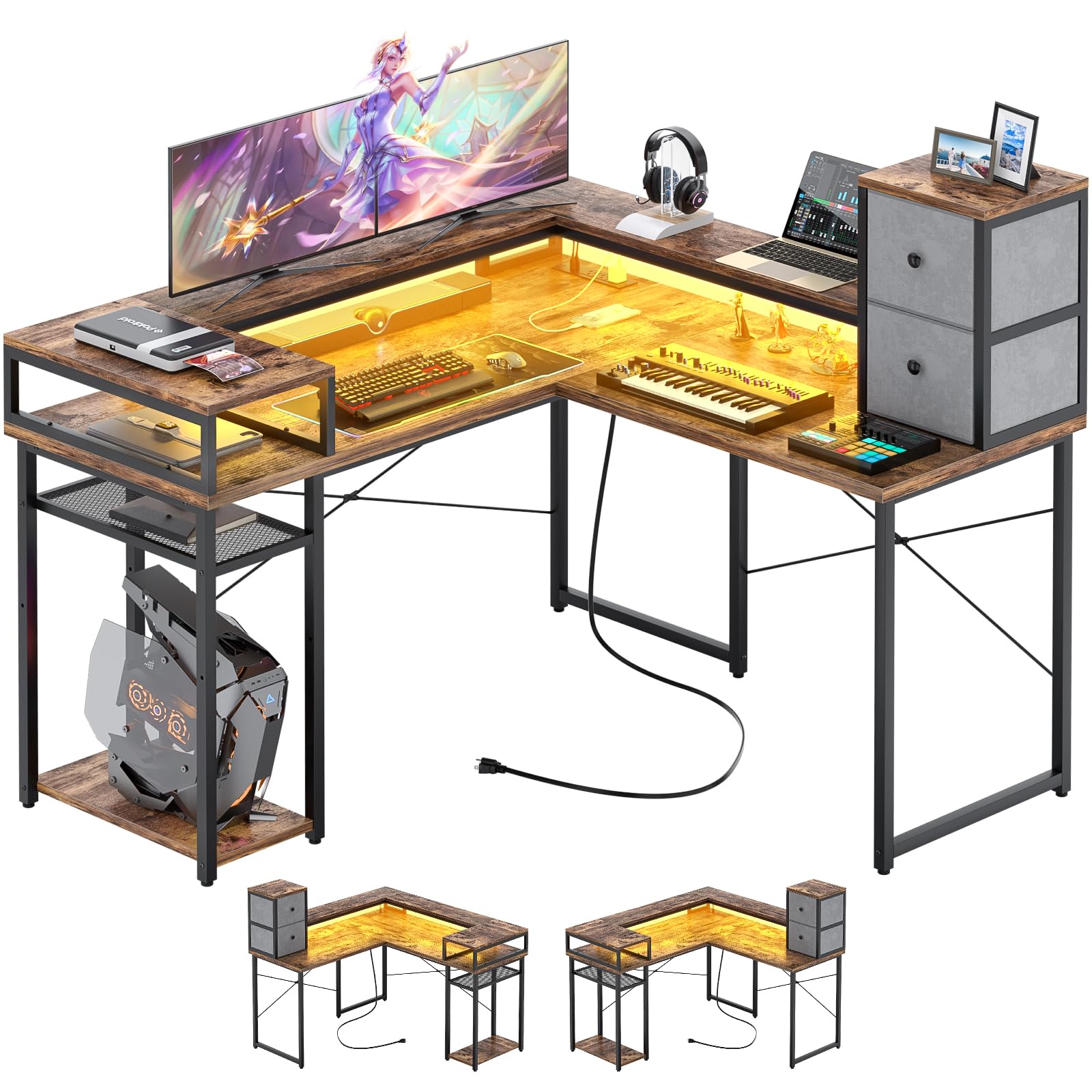 armocity L Shaped Desk with Drawers, Reversible Corner Computer Desk with LED Light & Power Outlet, 55.2'' L-Shaped Gaming Desk with Long Monitor Shelf, Home Office Desk for Small Corner Space, Rustic