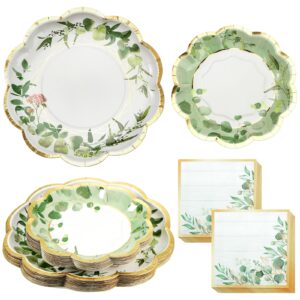 tanlade 96 pcs sage green theme party supplies plates and napkins serve 24, disposable eucalyptus paper plates scalloped dinner plates 2 ply paper napkins for wedding bridal shower