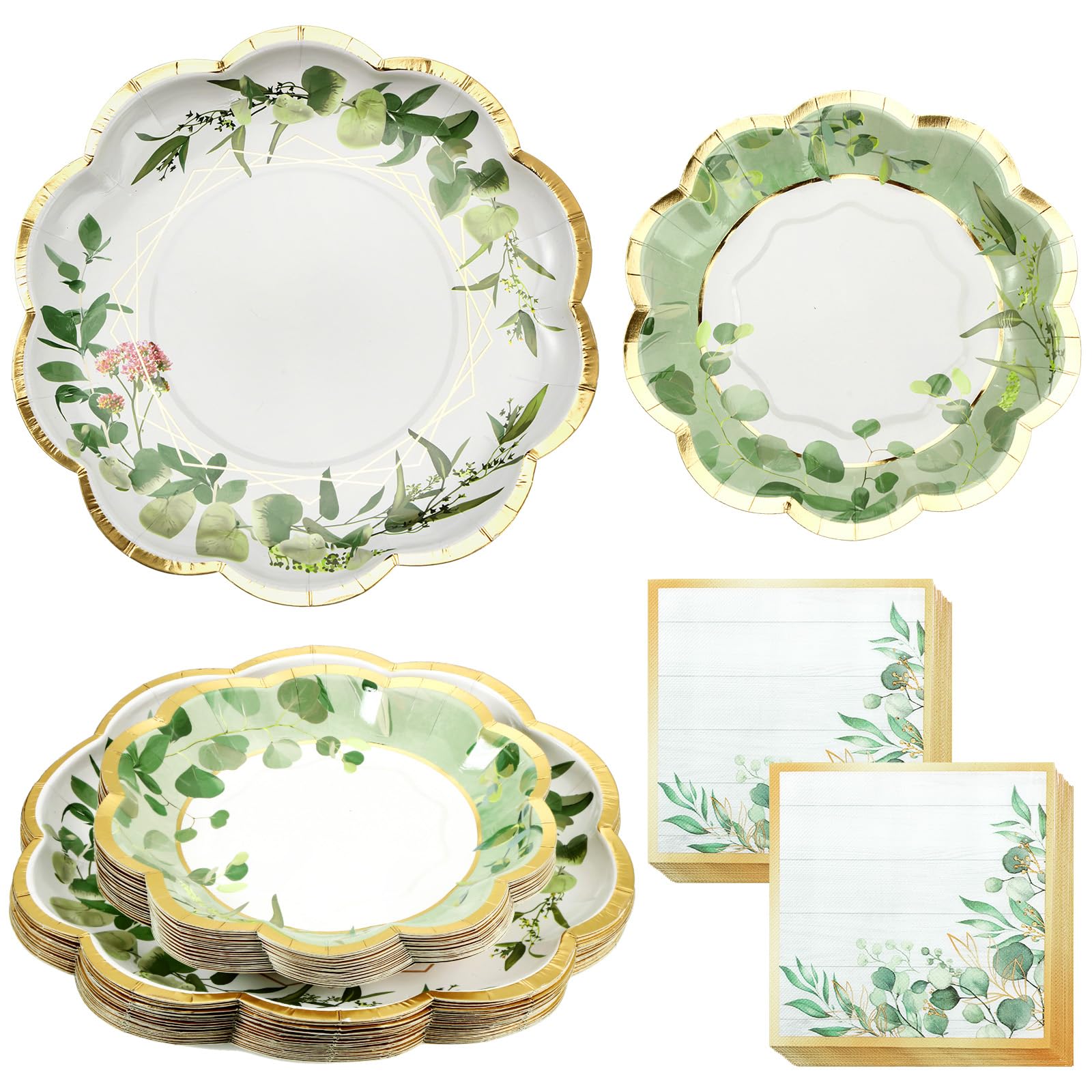 Tanlade 96 Pcs Sage Green Theme Party Supplies Plates and Napkins Serve 24, Disposable Eucalyptus Paper Plates Scalloped Dinner Plates 2 Ply Paper Napkins for Wedding Bridal Shower