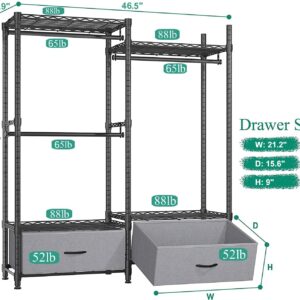 REIBII Garment Rack Clothing Rack for Hanging Clothes 150+ Load 650lbs Freestanding Wardrobe Closet with 2 Drawers, 3 Hanging Rods Clothes Rack for Extra Closet Space, 15.9" D x 46.5" W x 70.9" H