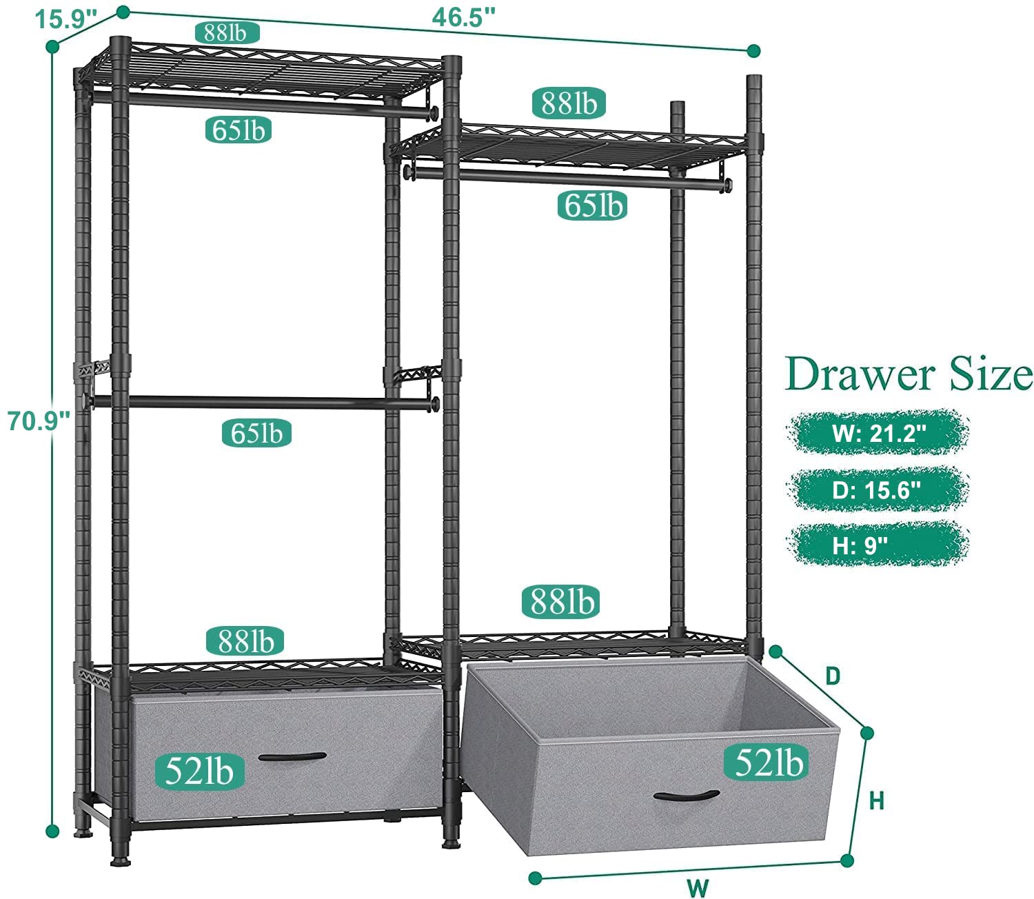 REIBII Garment Rack Clothing Rack for Hanging Clothes 150+ Load 650lbs Freestanding Wardrobe Closet with 2 Drawers, 3 Hanging Rods Clothes Rack for Extra Closet Space, 15.9" D x 46.5" W x 70.9" H