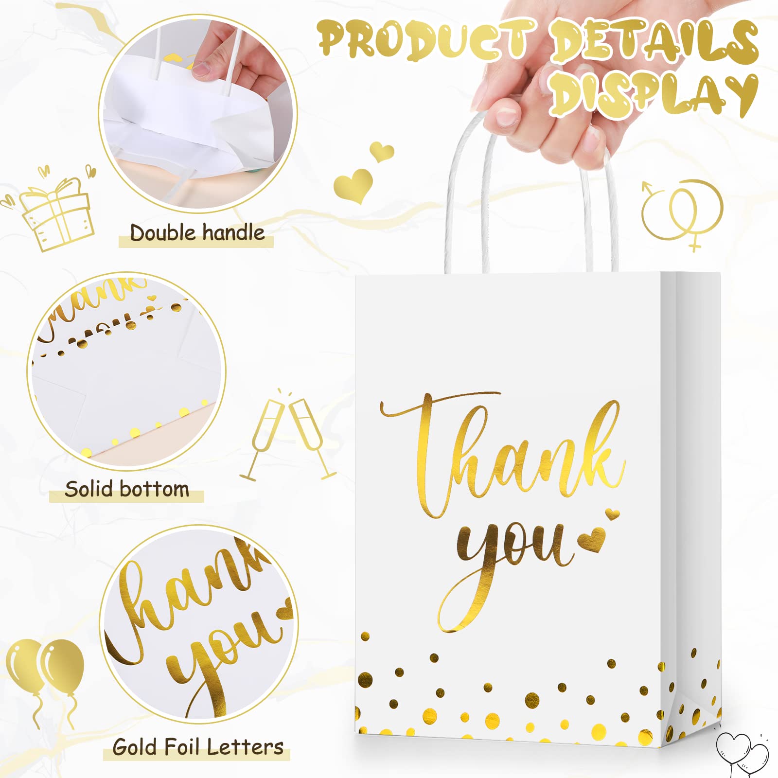 Tinlade 100 Pcs Thank You Gift Bags Bulk Paper Gold Thank You Wedding Bags with Handle for Business, Shopping, Wedding, Baby Shower, Party Favors (White)