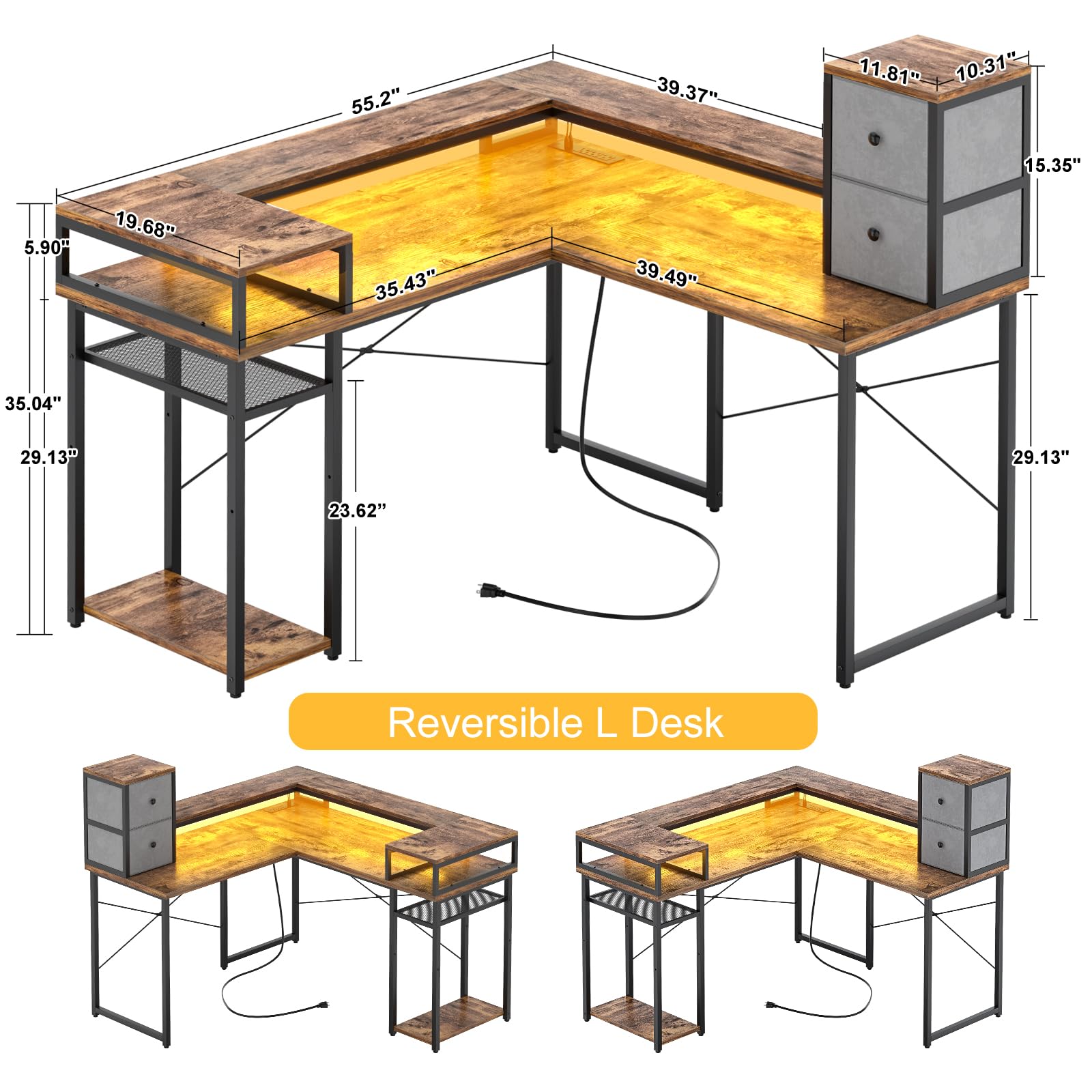 armocity L Shaped Desk with Drawers, Reversible Corner Computer Desk with LED Light & Power Outlet, 55.2'' L-Shaped Gaming Desk with Long Monitor Shelf, Home Office Desk for Small Corner Space, Rustic