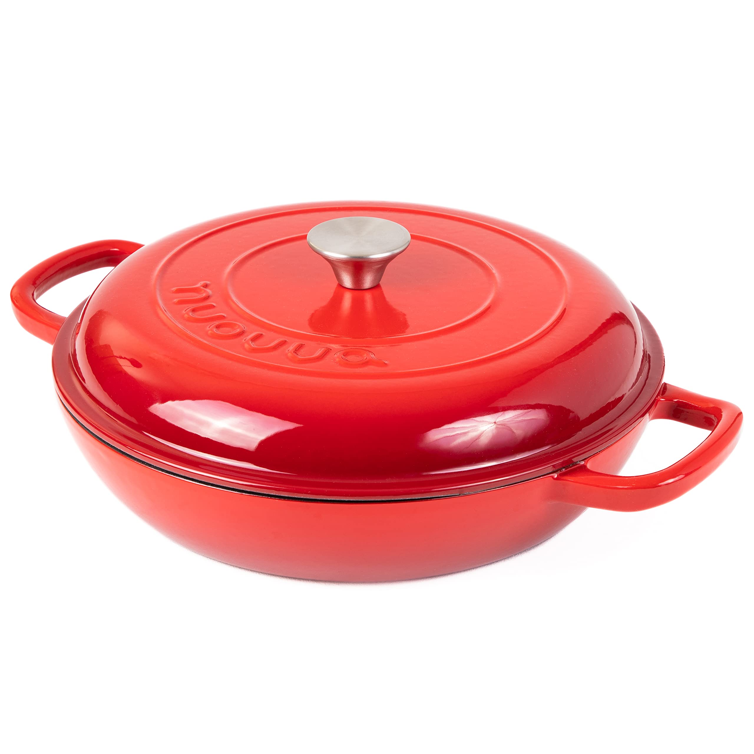 Cast Iron Dutch Oven with Lid – Non Stick Shallow Dutch Oven Pot, Oven Safe up to 500° F – Sturdy Cooking Pot – Enamelled Stockpot Cookware – Red, 3.7-Quart, 30cm – by Nuovva