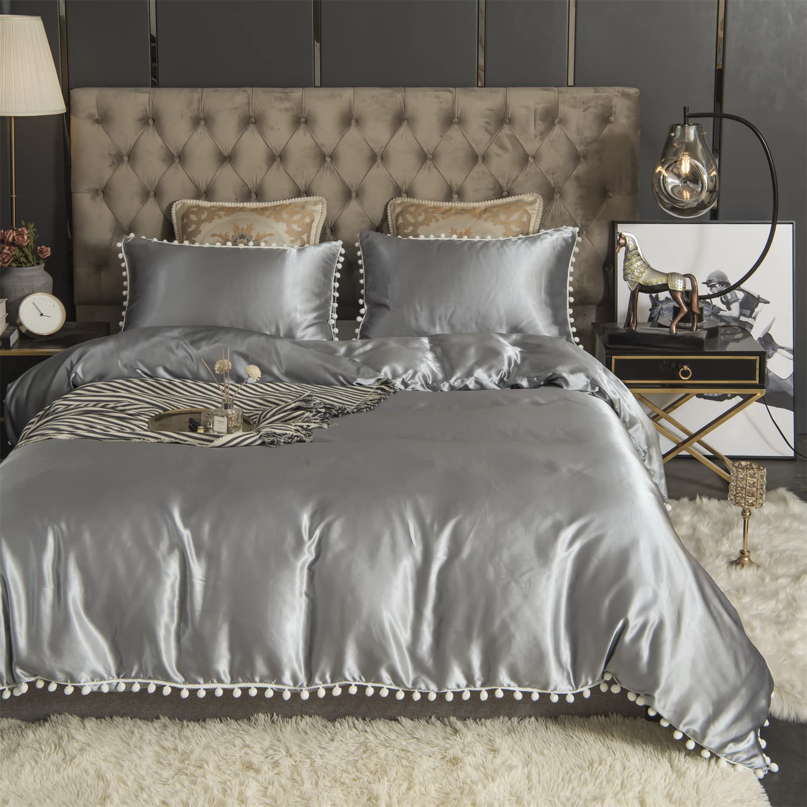 Herside Satin Duvet Cover Queen Grey Silk Like Satin Bedding Set Pom Pom Fringed Silky Duvet Cover with 2 Pillowcases -Grey, Queen