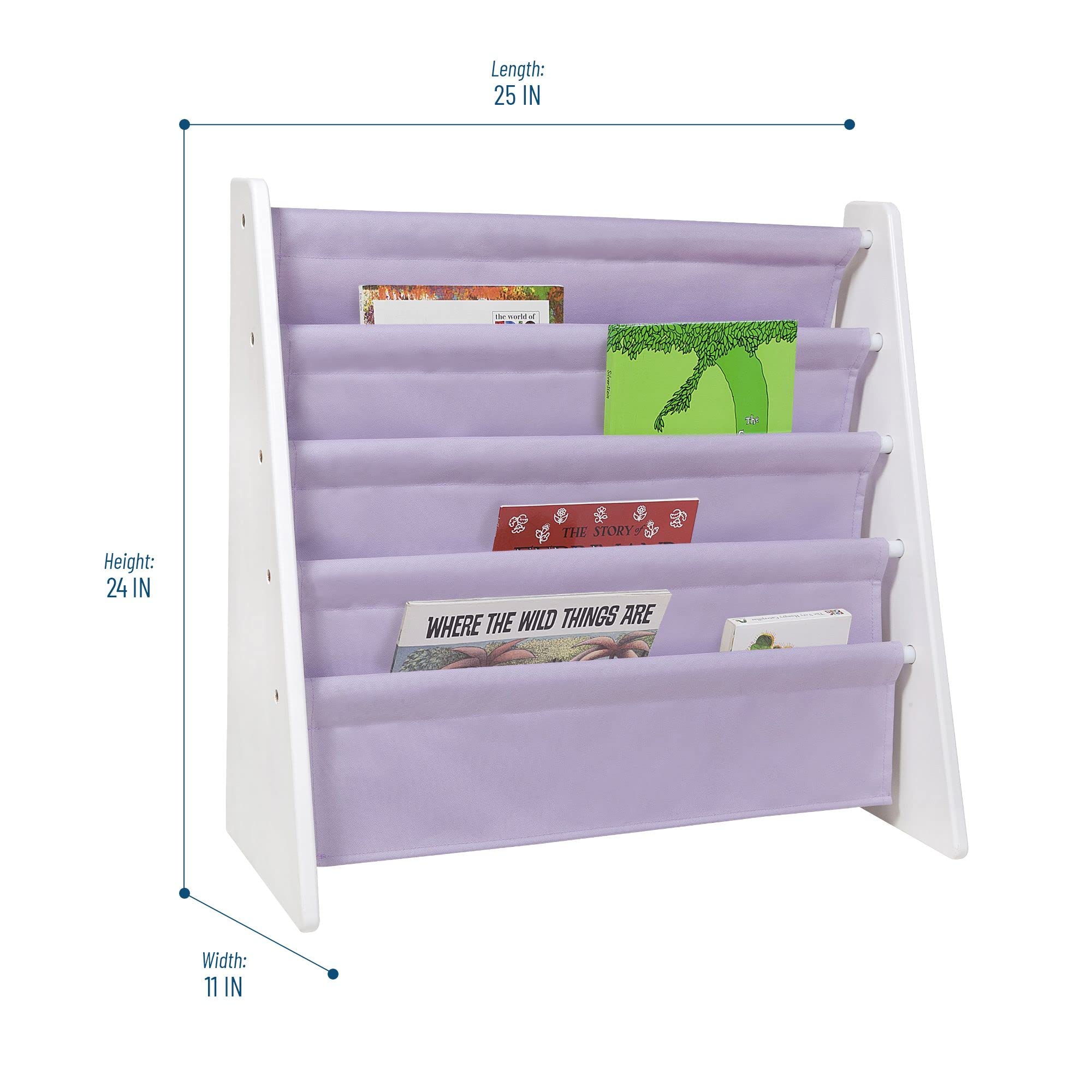 Wildkin Kids Canvas Sling Bookshelf for Boys and Girls, Wooden Design Features Four Fabric Shelves, Keep Bedrooms, Playrooms, and Classrooms Organized, an Ideal Kids Bookshelf (White w/Lilac)